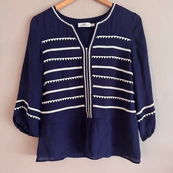 Vineyard Vines Navy Blue and White Embroidered Silk Tunic Blouse Top Size 6 - Picture 1 of 4